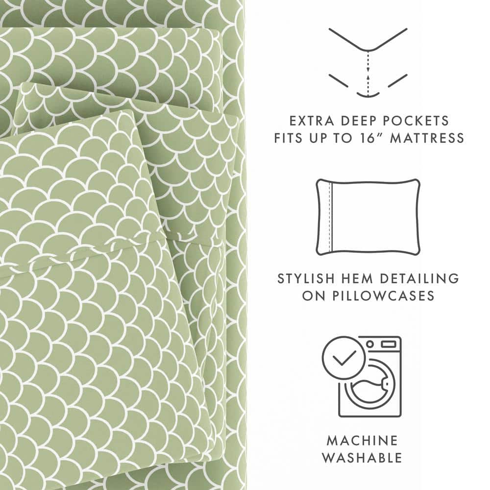 Sage Scallop Print King Deep Pocket Sheet Set