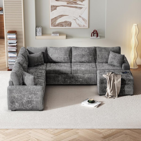 Harper Bright Designs 112.2 in. L Shaped Chenille Sectional Sofa in Gray with Pull Out Sofa Bed Storage Ottoman 3 Pillows Charging Devices CJ109AAE The Home Depot