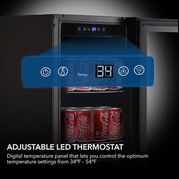 15 in. 100 12 oz. Can Built-In Beverage Fridge Cooler w/ Lock, Temp Controls, Glass Door Black