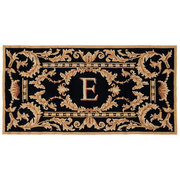 Monogram Black 3 ft. x 6 ft. "E" Ornate Leaf Indoor/Outdoor Area Rug