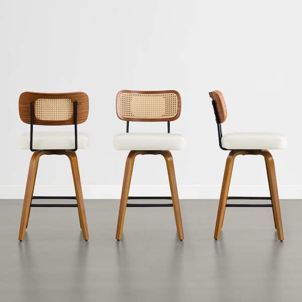 Mara 37.4" Beige 360° Swivel Bar Stools with Rattan Back, Wood Frame,Metal Footrest for Dining Room Set of 3