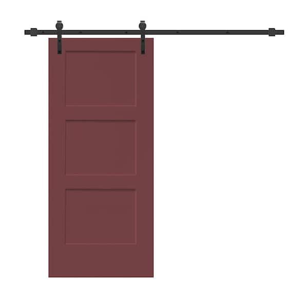 CALHOME 36 in. x 80 in. 3-Panel Maroon Stained Composite MDF Equal Style Interior Sliding Barn Door with Hardware Kit