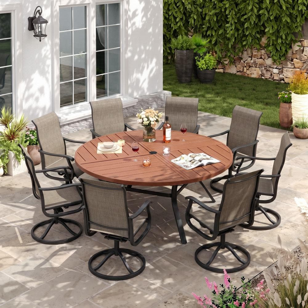 9-Piece Metal Outdoor Patio Dining Set with Round Table and High Back Padded Textilene Swivel Chairs in Brown price history on PriceWatchPro