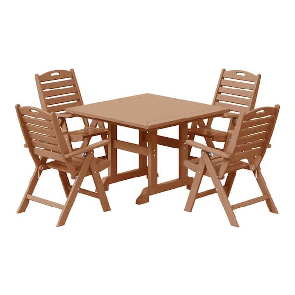 Laguna All Weather HDPE Plastic Outdoor 5-Piece Square Table Folding Highback Chairs Patio Dining Set, Teak