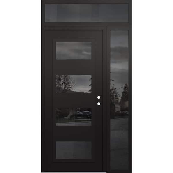 C2 52 in. x 96 in. Black P Left-Hand/Inswing Mirrored Glass Black/Black Sidelite+Transom Steel Prehung Front Door