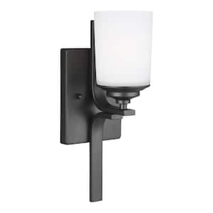 Kemal 5 in. 1-Light Matte Black Traditional Wall Sconce Bathroom Vanity Light with Etched White Glass Shade