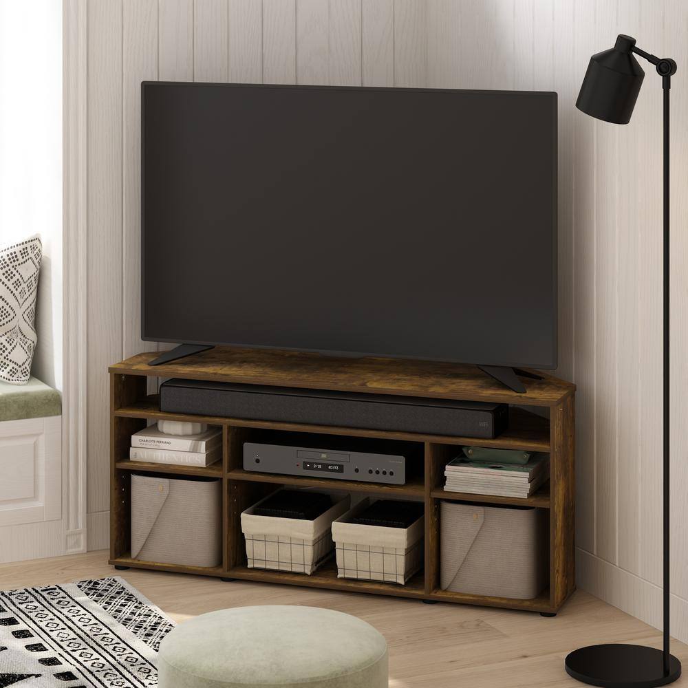 Amber Pine Corner TV Stand with Shelves and Cabinet