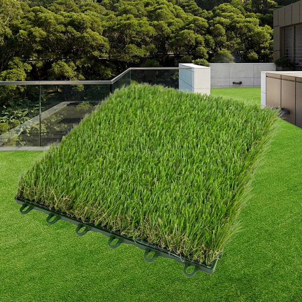 GOGEXX 12.6 in.LX12.6 in.W Green Realistic Artificial Grass Turf Waterproof PE Panels Outdoor/Indoor For Garden(Pack of 9Tiles)