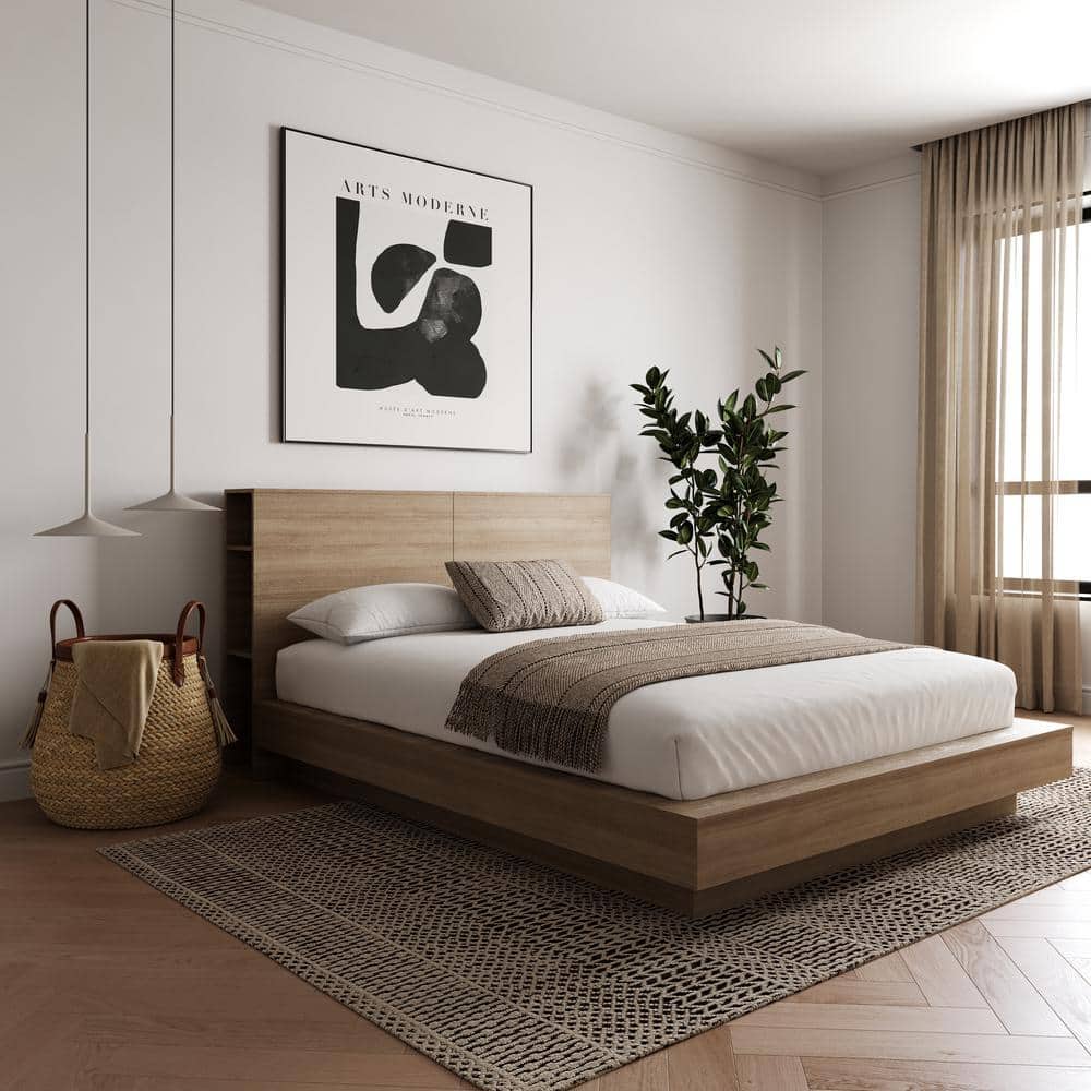 Queen Light Brown Wood Frame Platform Bed with Storage