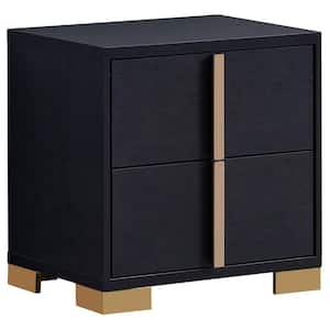 21.75 in. Black and Gold 2-Drawers Wooden Nightstand