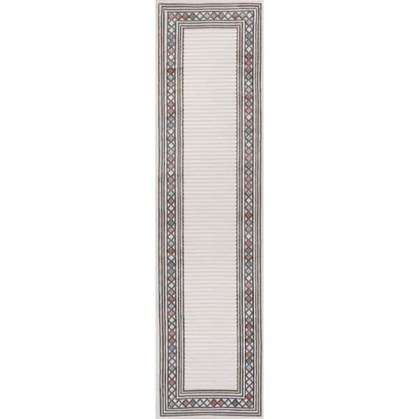Ivory/Beige 2 ft. x 8 ft. Sebastian Approximate Rug Size High-Low Modern Diamond Border Indoor/Outdoor Area Rug