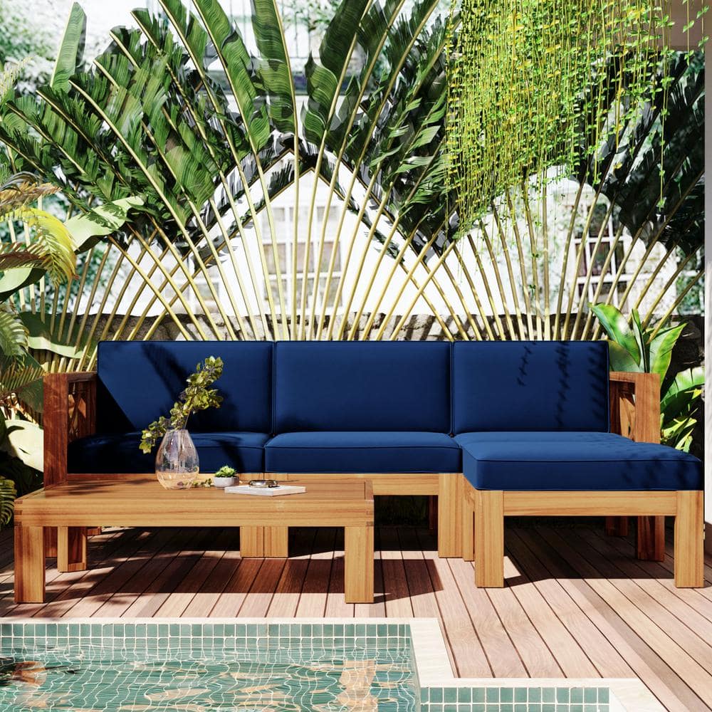 5-Pieces Brown Wood Outdoor Sectional Set with Blue Cushions for Outdoor Ba