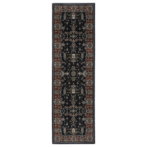 AVERLEY HOME Victoria Navy/Red 2 ft. x 8 ft. Vintage Oriental Traditions Polyester Fringed-Edge Indoor Runner Area Rug