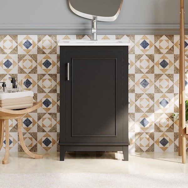 FAMYYT 20 in. Small Single Sink Freestanding Black Bath Vanity with White Ceramic Top