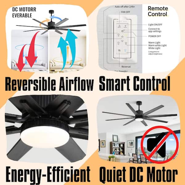 76 in. Black Ceiling Fan with 18W Dimmable LED Light Remote Control 8 Solid Wood Blades for Living Room, Downrod Mount