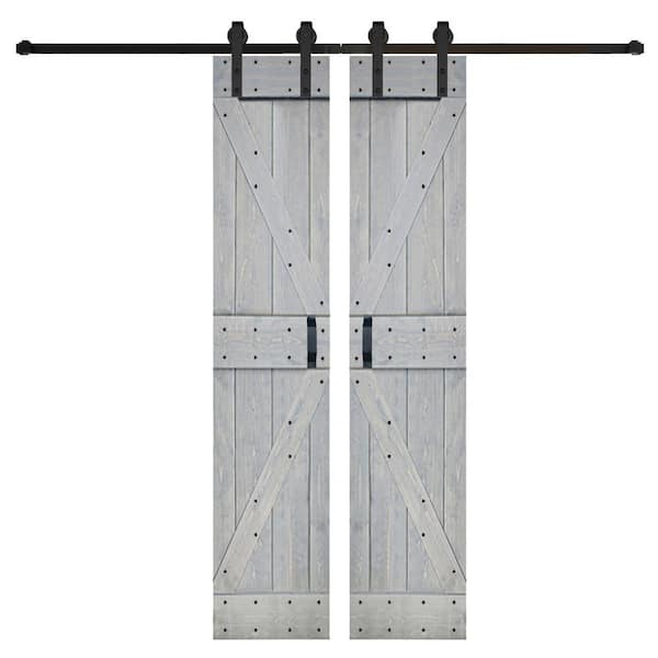ISLIFE K Series 42 in. x 84 in. Willow Gray Finished DIY Solid Wood Double Sliding Barn Door with Hardware Kit