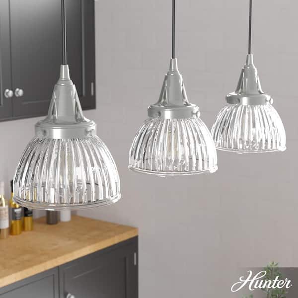 Hunter Cypress Grove 3 Light Brushed Nickel Island Chandelier with Clear Holophane Glass Shades Kitchen Light