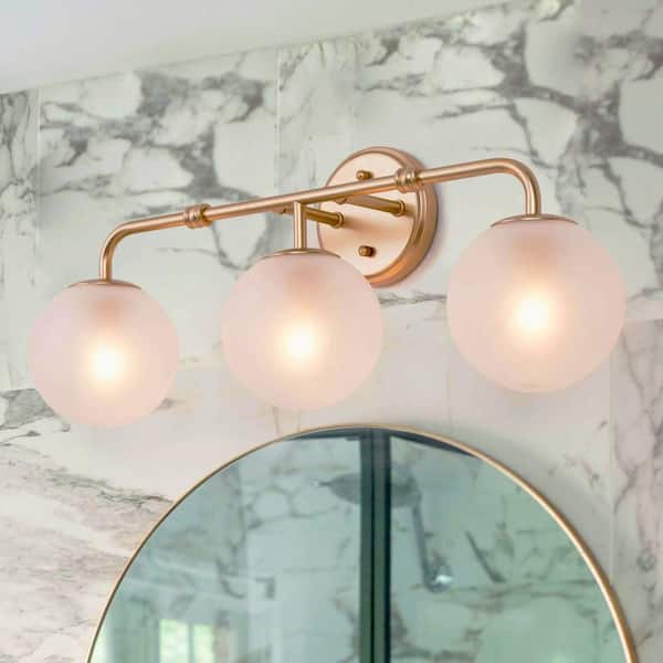 Uolfin Modern Round Bathroom Vanity Light 3-Light Gold Globe Wall Sconce Light with Frosted Glass Shades