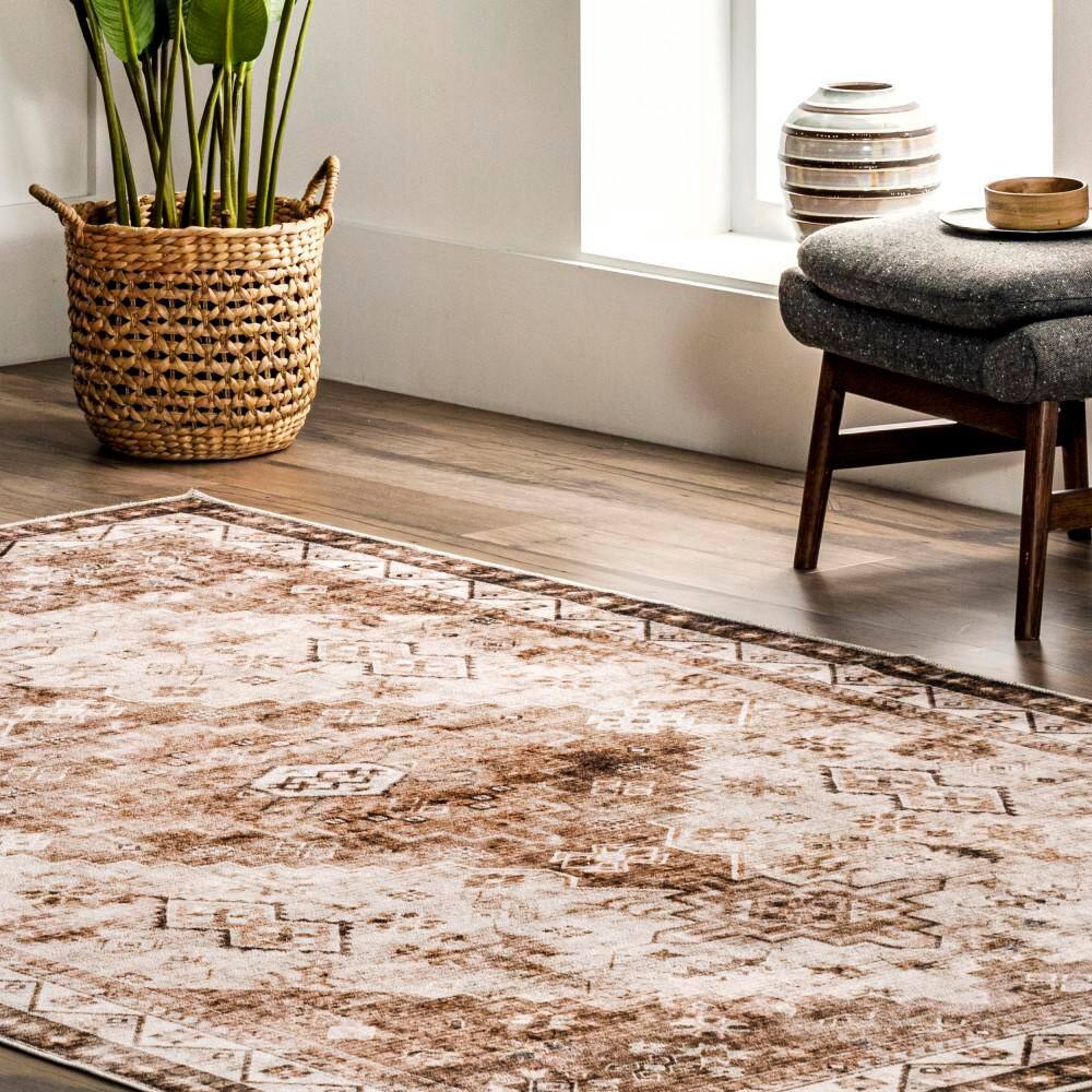 Jessamine Beige Geometric Washable Synthetic Area Rug