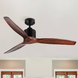 52 in. Solid Wood Ceiling Fan Black with 3-Blades without Light, DC Reversible Motor by Remote Control