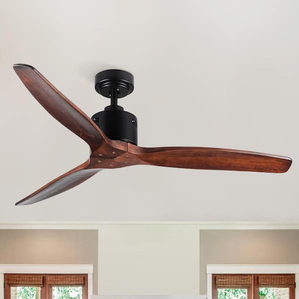 YUHAO 52 in. Solid Wood Ceiling Fan Black with 3-Blades without Light, DC Reversible Motor by Remote Control
