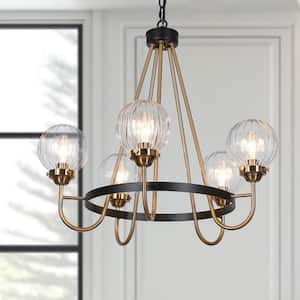 5-Light Brass Round Chandelier Lighting, Pumpkin-Shaped Clear Glass Island Pendant Light, Black Modern Light Fixtures