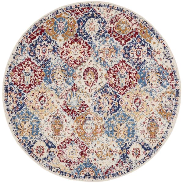 Nourison Grafix Blue Multicolor 8 ft. x 8 ft. Medallion Traditional Round Area Rug