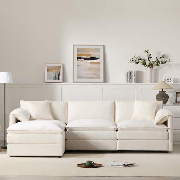 Orsino 103 in. L-Shaped Pillow Top Arms Chenille with Movable Ottoman Sectional Sofa in White