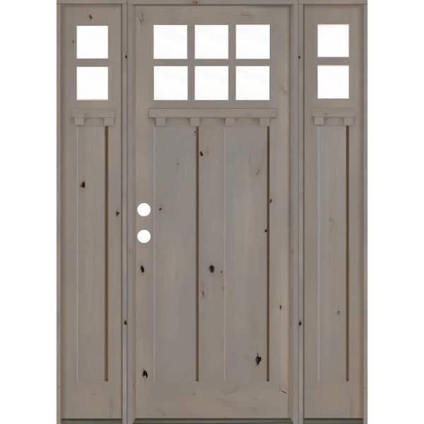 Krosswood Doors 64 in. x 96 in. Craftsman Alder Right Hand Clear 6-Lite Clear Glass Grey Stain Wood Prehung Front Door with Sidelites