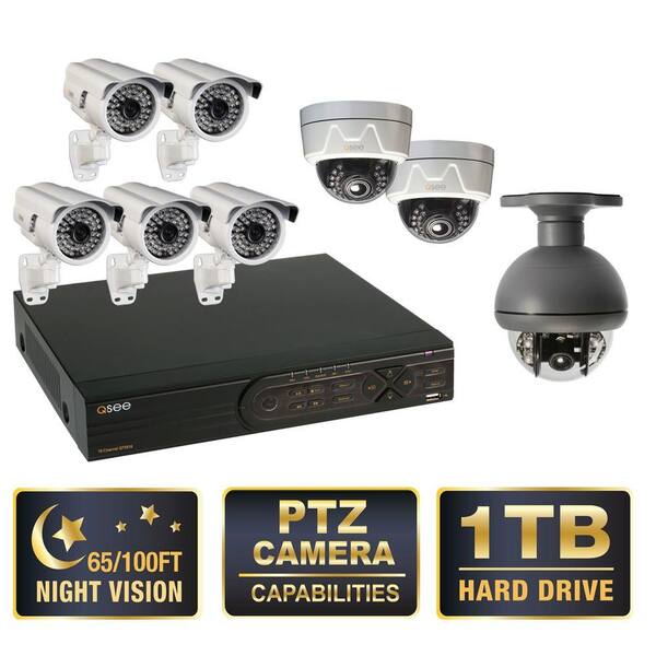 Q-SEE Premium Series 16-CH D1 1TB Surveillance System, 1 PTZ, 5 Bullet, and 2 Dome Cameras, 650 TVL, 100 ft. Night Vision