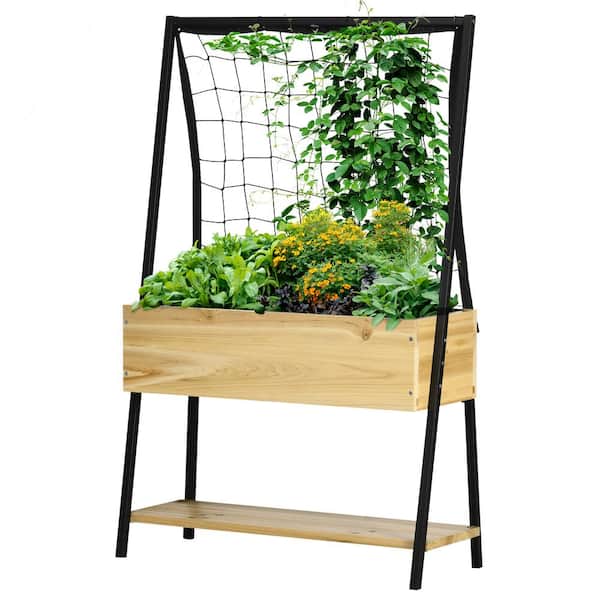 Outsunny Natural Raised Garden Bed with Climbing Grid Trellis and Storage Shelf