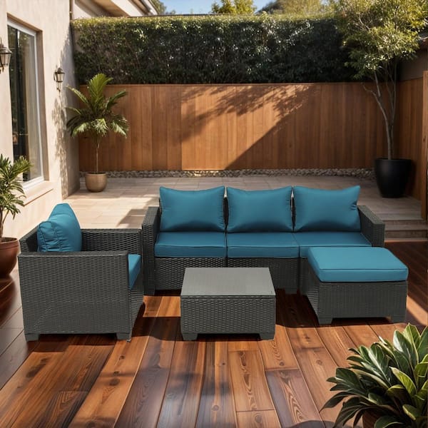 Unbranded 6-Pieces Dark Coffee Wicker Outdoor Sectional Set with Peacock Blue Cushions and Coffee Table