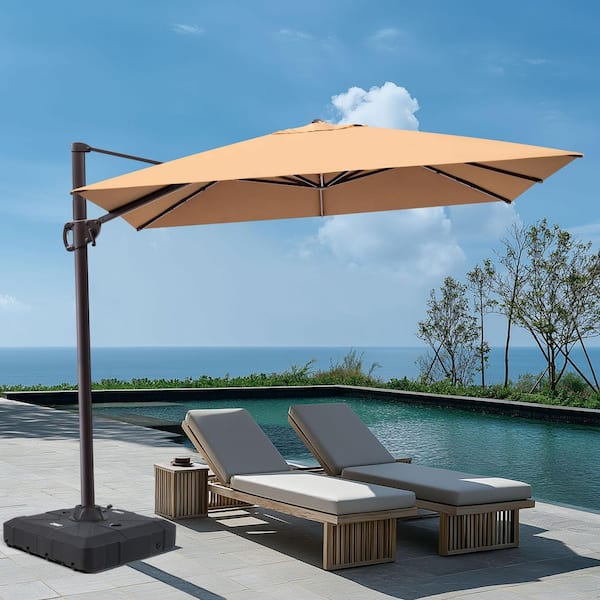 Pellebant 11 ft. x 9 ft. Windproof Aluminum Rectangular Tilt 360 Rotation Cantilever Patio Umbrella in Tan with 350 lbs. Base