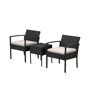 3-Piece Black PE Rattan Wicker Patio Outdoor Bistro Set with Beige Cushions