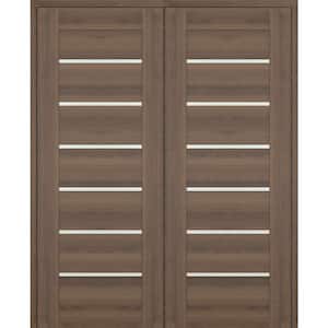 Vona 07-02 72 in. x 80 in. Both Active 6-Lite Frosted Glass Pecan Nutwood Wood Composite Double Prehung Interior Door