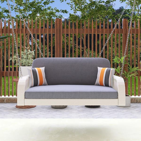 Boosicavelly 2-Person Outdoor White Wicker Porch Swing with Grey Cushions and Colorful Pillows