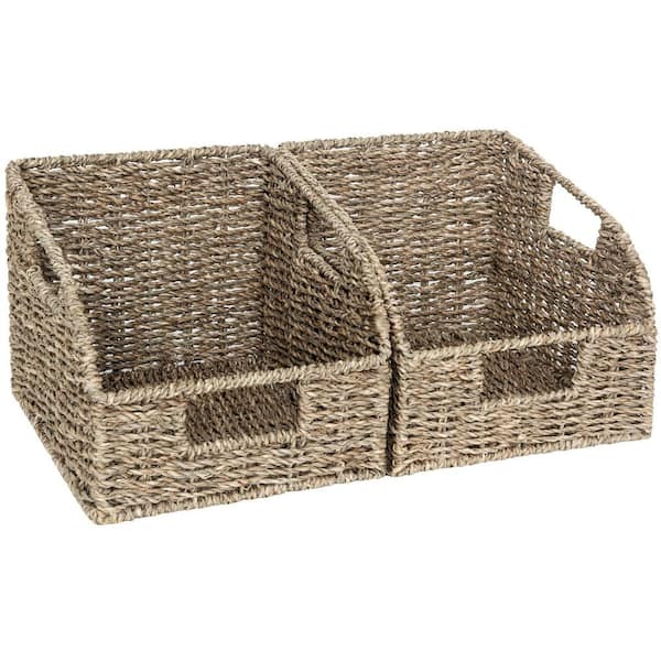 Gray Natural Seagrass Bread Basket and Tray, Handwoven Organizer Baskets for Pantry Shelves and Countertop (2-Piece Set)