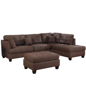 Suzy 3-Piece Coffee Linen Fabric 4-Seater L-Shape Reversible Sectional Set with Ottoman
