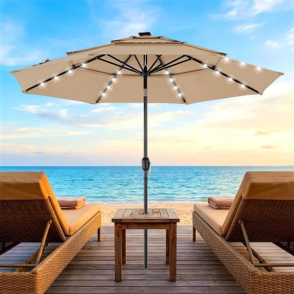 Outdoor 10 ft. Metal 3-Tier Solar Patio Umbrella with 32 LED Lights in Khaki for Market, UV Protection