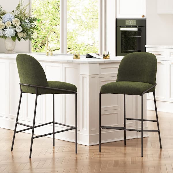 Sherry Modern 29 in. Green Fabric Upholstered Barstools with Antique Bronze Finish Metal Frame, Curved Back (Set of 2)
