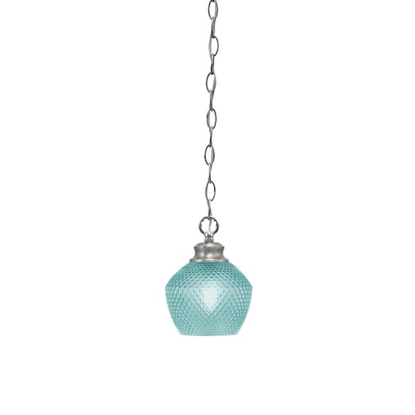 Unbranded Tyler 60-Watt 1-Light Brushed Nicke Chain Mini Pendant Light with Turquoise Textured Glass Shade