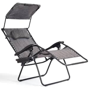 Folding Recliner Steel Outdoor Lounge Chair With Shade Canopy Cup Holder in Gray (Set of 1)