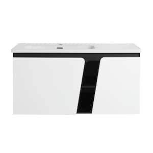 Yunus 39 in. W x 19 in. D x 20 in. H Single Sink Floating Bath Vanity in Black and White with White Ceramic Top