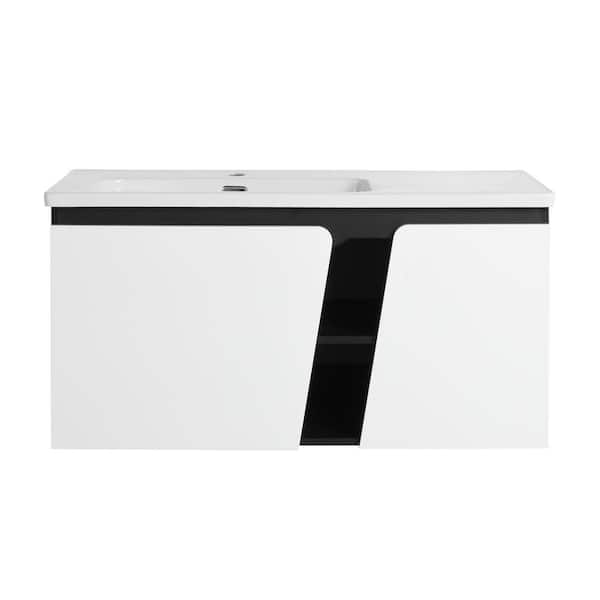 Modland Yunus 39 in. W x 19 in. D x 20 in. H Single Sink Floating Bath Vanity in Black and White with White Ceramic Top