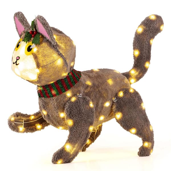 23 in. Height Lighted Christmas Cat with 88 LED Lights 4 Ground Stakes Cable Tiers for Yard