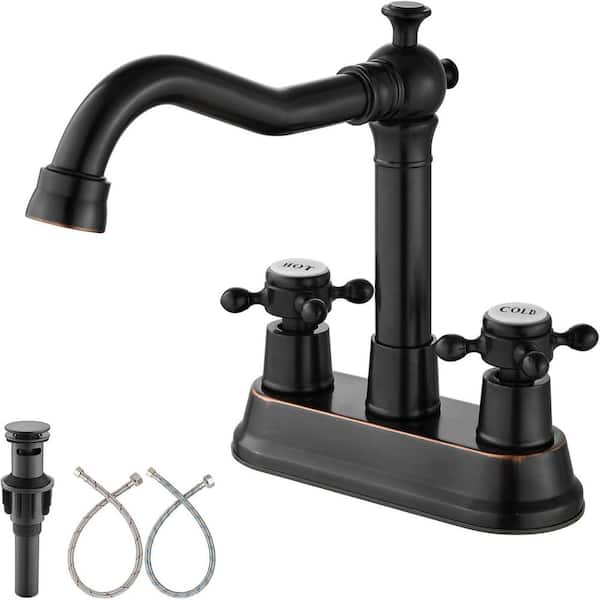 Unbranded 4 in. Centerset Double Handle High Arc Bathroom Faucet with Ceramic Cover with Drain Kit Included in Oil Rubbed Bronze