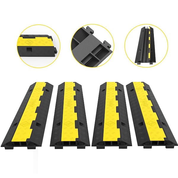 VEVOR Cable Protector Ramp 2-Channels Modular Speed Bump Hump Rubber 11000 lbs. Load for Wire Cord Driveway Traffic (4-Pack)