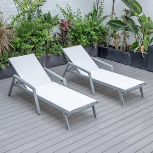 Grey Powder Coated Aluminum Frame Marlin Modern Patio Chaise Lounge Arm Chair with White (Set of 2)