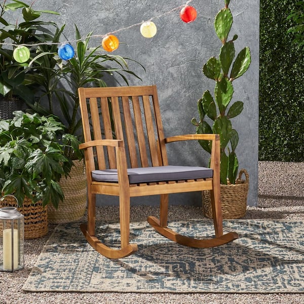 1-Piece Brown Acacia Wood Outdoor Rocking Chair with Gray Cushion, Patio Lounge Chair with Arms, Seatings for Balcony