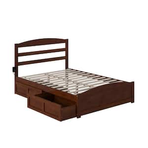 Warren 53-1/2 in. W Walnut Full Solid Wood Frame with Footboard 2-Drawers and USB Device Charger Platform Bed